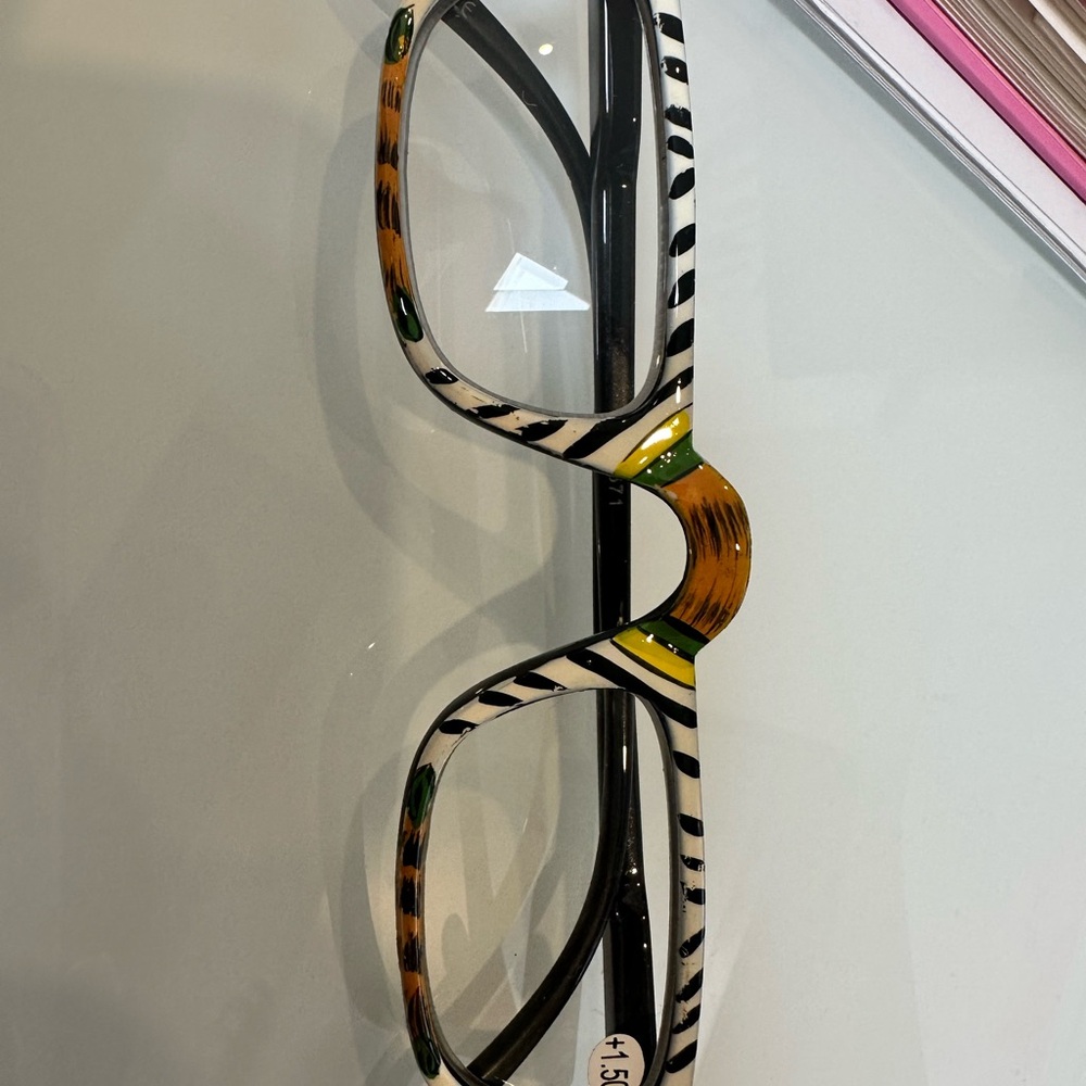 Striped Black and White Glasses with Orange and Green Accents